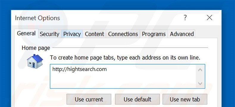 Removing hightsearch.com from Internet Explorer homepage