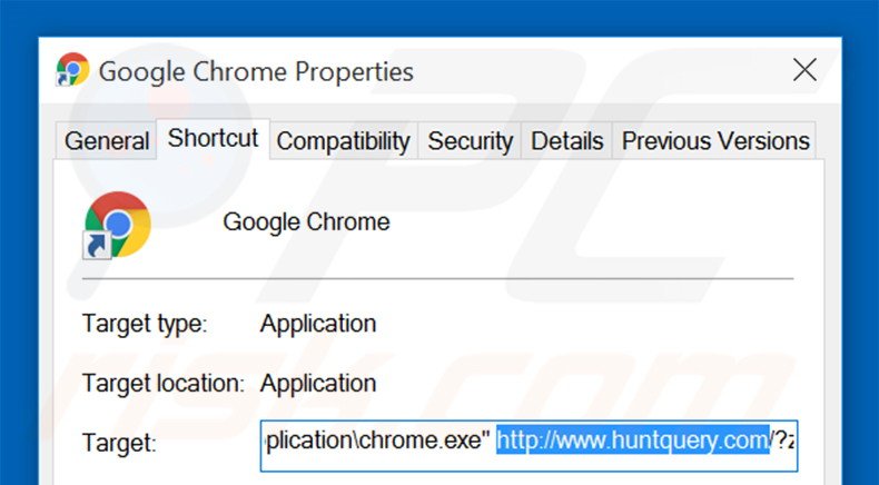 Removing huntquery.com from Google Chrome shortcut target step 2