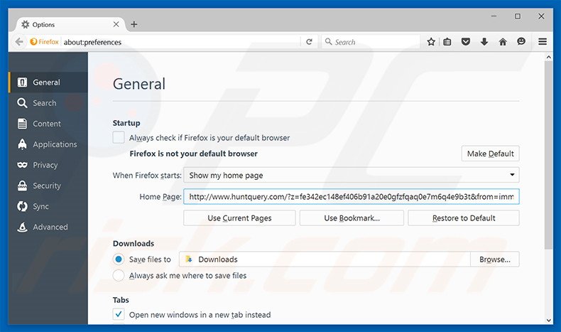 Removing huntquery.com from Mozilla Firefox homepage