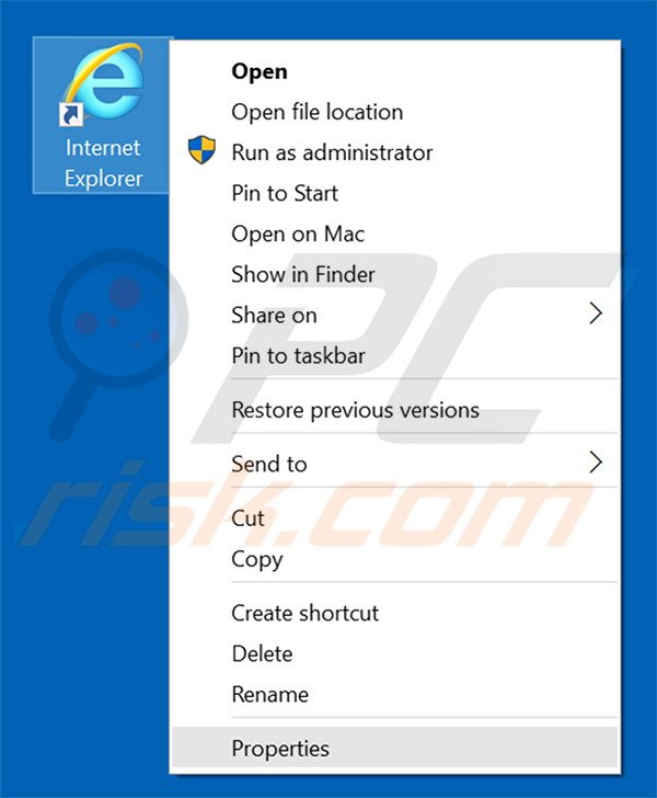 Removing huntquery.com from Internet Explorer shortcut target step 1