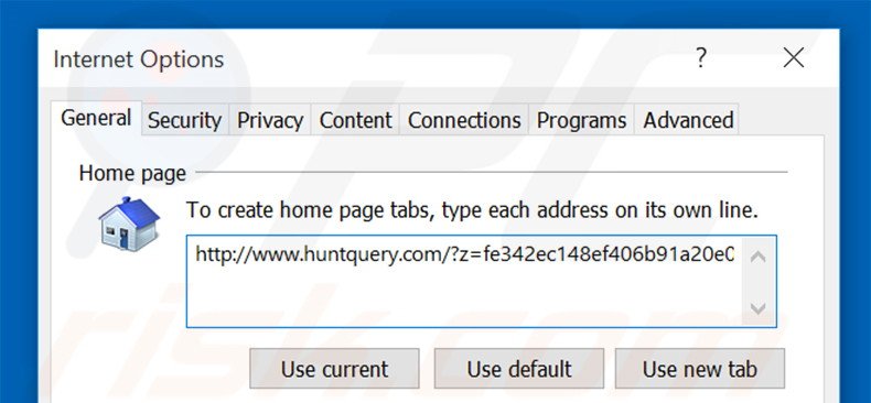 Removing huntquery.com from Internet Explorer homepage
