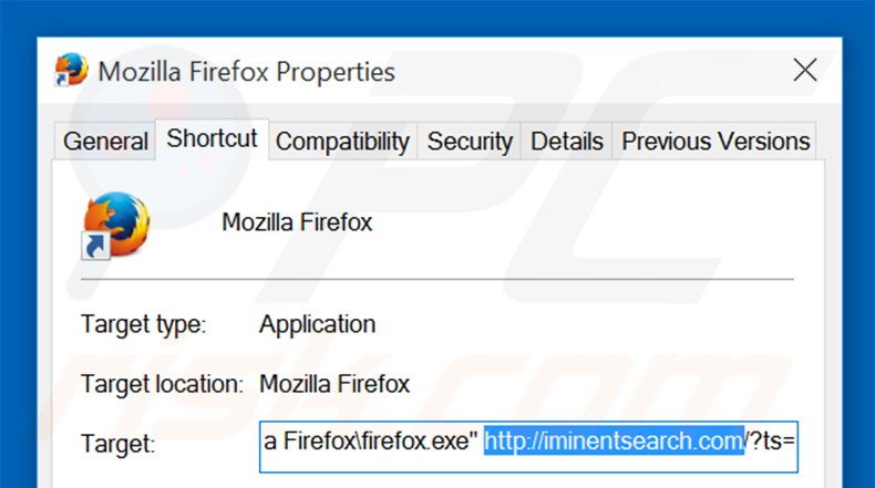 Removing iminentsearch.com from Mozilla Firefox shortcut target step 2