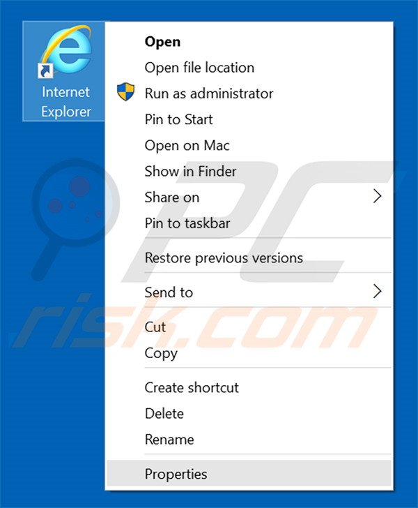 Removing iminentsearch.com from Internet Explorer shortcut target step 1