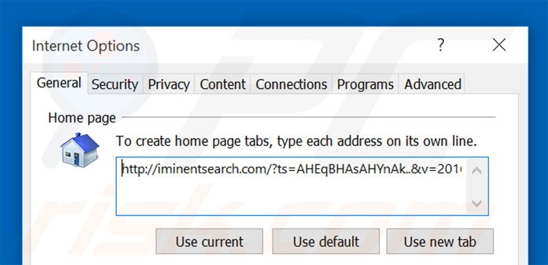 Removing iminentsearch.com from Internet Explorer homepage