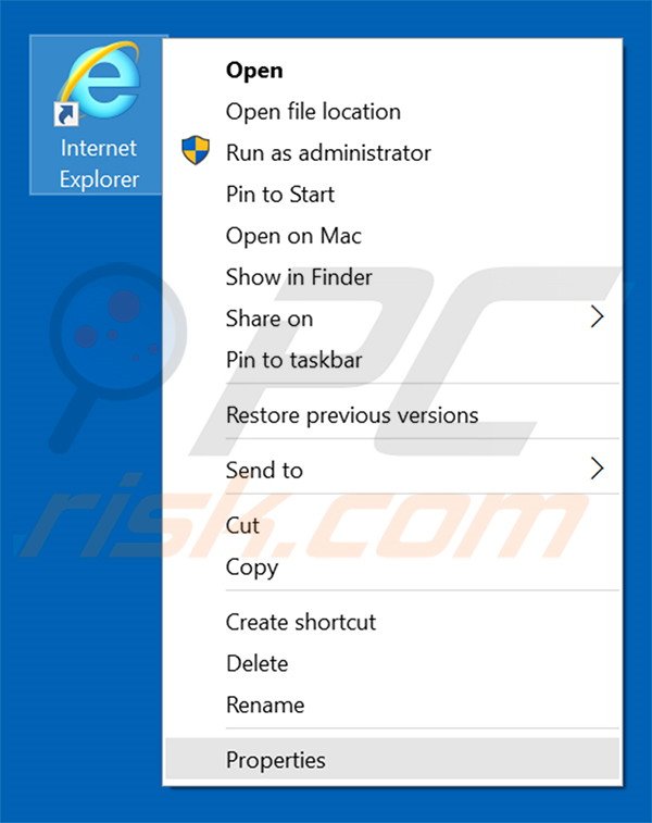 Removing incosic.com from Internet Explorer shortcut target step 1