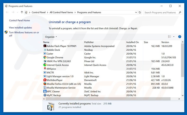 incosic.com browser hijacker uninstall via Control Panel