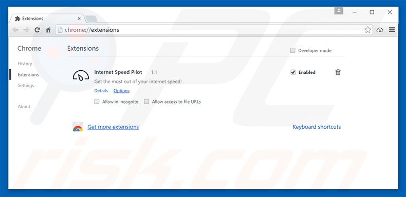 Removing search.internetspeedpilot.com related Google Chrome extensions