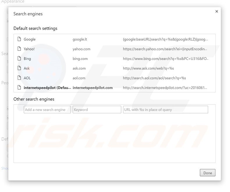 Removing search.internetspeedpilot.com from Google Chrome default search engine