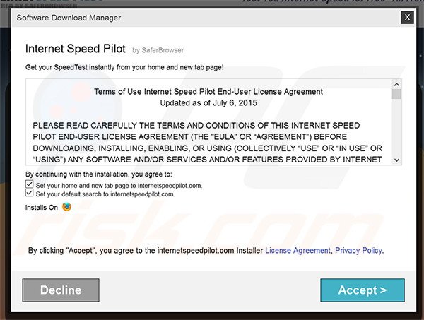 Official Internet Speed Pilot browser hijacker installation setup
