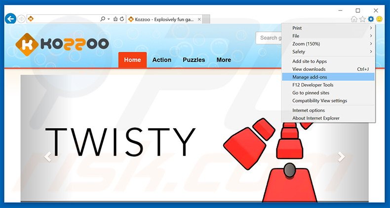 Removing Kozzoo ads from Internet Explorer step 1