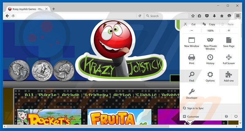 Removing Krazy Joystick Games ads from Mozilla Firefox step 1