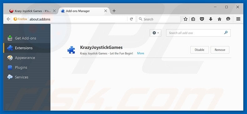 Removing Krazy Joystick Games ads from Mozilla Firefox step 2
