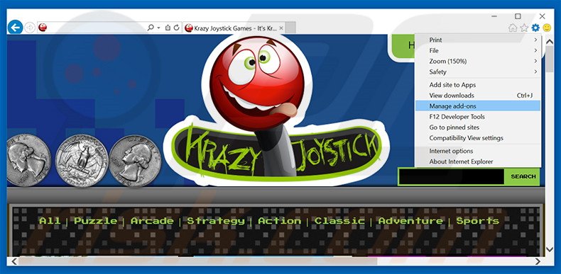 Removing Krazy Joystick Games ads from Internet Explorer step 1