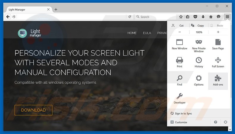 Removing Light Manager ads from Mozilla Firefox step 1