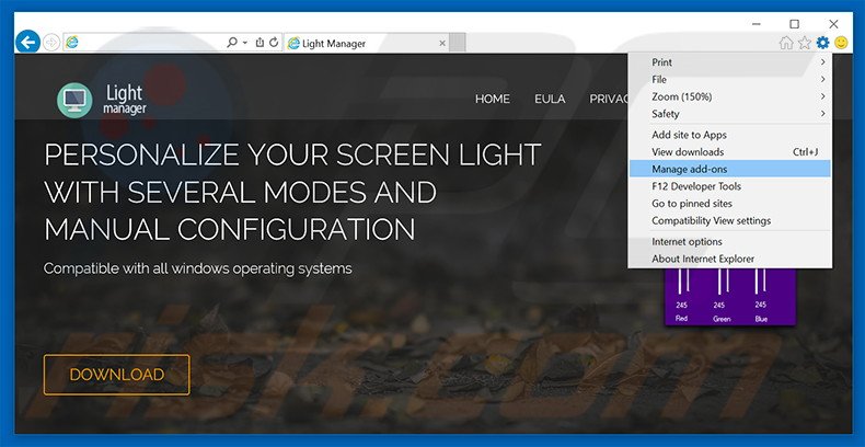 Removing Light Manager ads from Internet Explorer step 1