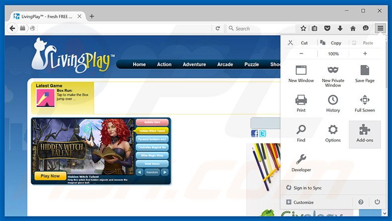 Removing LivingPlay ads from Mozilla Firefox step 1