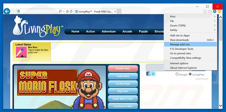 Removing LivingPlay ads from Internet Explorer step 1