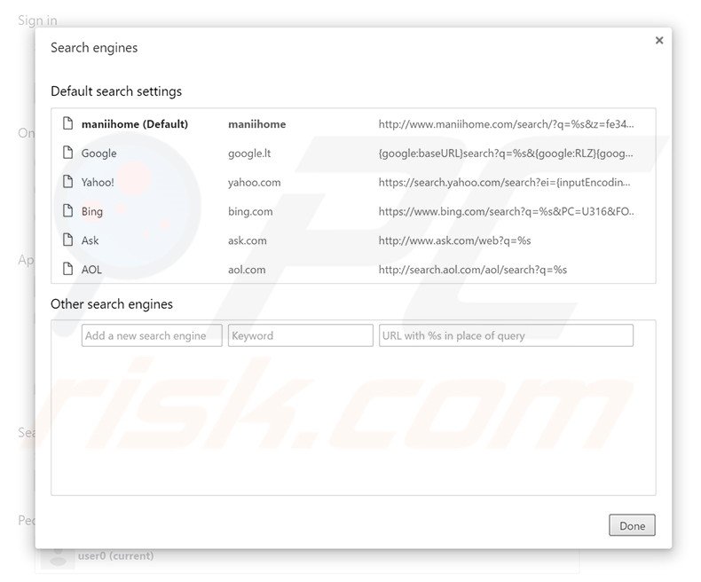 Removing maniihome.com from Google Chrome default search engine