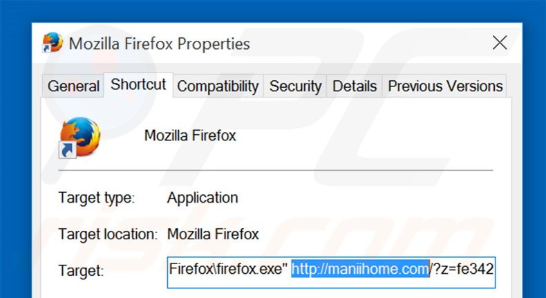 Removing maniihome.com from Mozilla Firefox shortcut target step 2