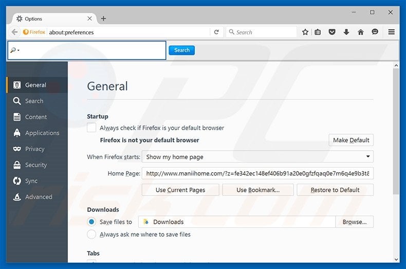Removing maniihome.com from Mozilla Firefox homepage