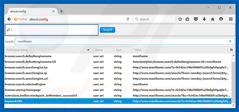 Removing maniihome.com from Mozilla Firefox default search engine