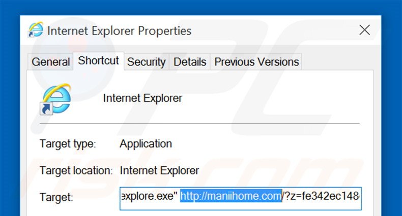 Removing maniihome.com from Internet Explorer shortcut target step 2
