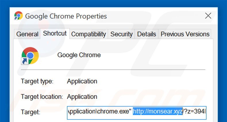 Removing monsear.xyz from Google Chrome shortcut target step 2