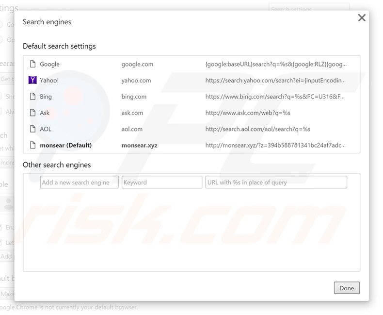 Removing monsear.xyz from Google Chrome default search engine