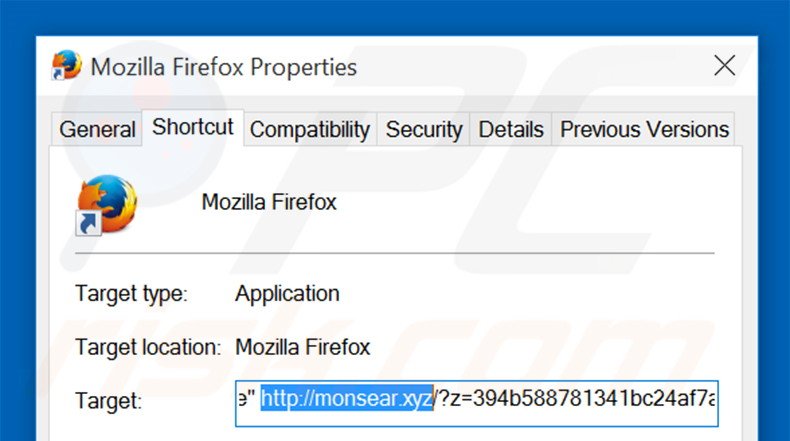 Removing monsear.xyz from Mozilla Firefox shortcut target step 2