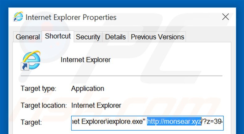 Removing monsear.xyz from Internet Explorer shortcut target step 2