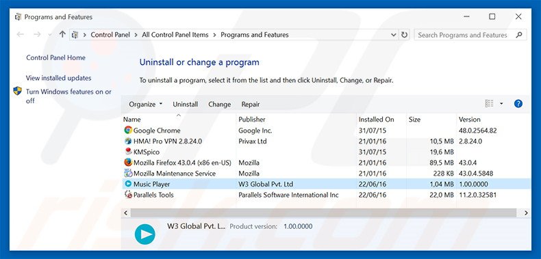 Music Player adware uninstall via Control Panel