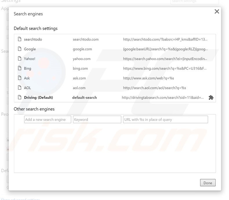 Removing drivingtabsearch.com from Google Chrome default search engine
