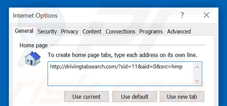 Removing drivingtabsearch.com from Internet Explorer homepage