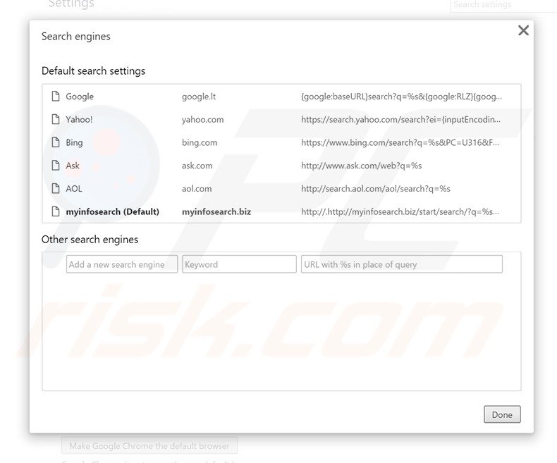 Removing myinfosearch.biz from Google Chrome default search engine