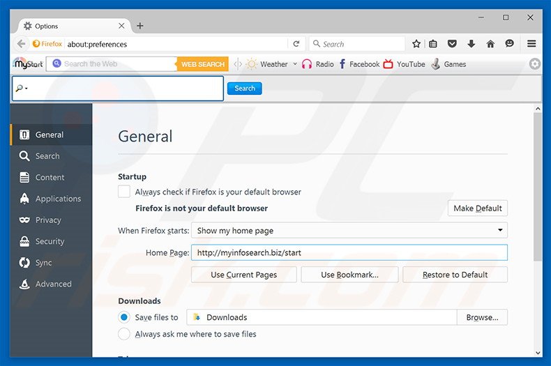Removing myinfosearch.biz from Mozilla Firefox homepage