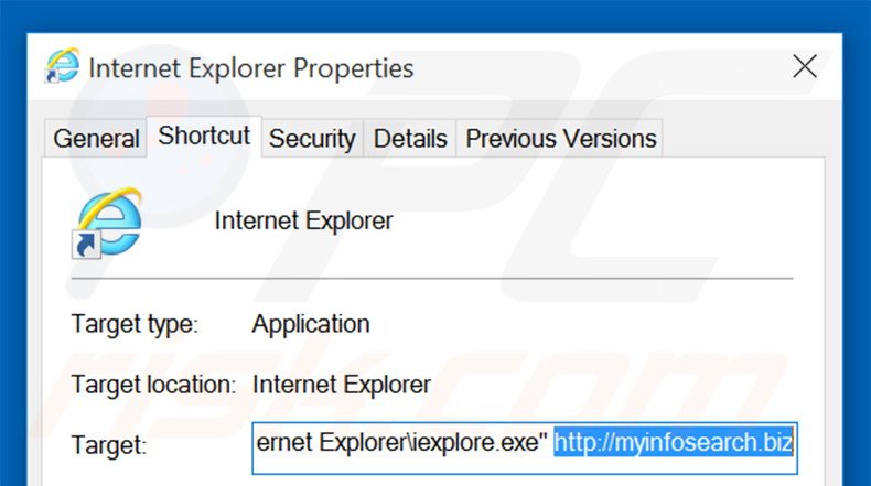 Removing myinfosearch.biz from Internet Explorer shortcut target step 2
