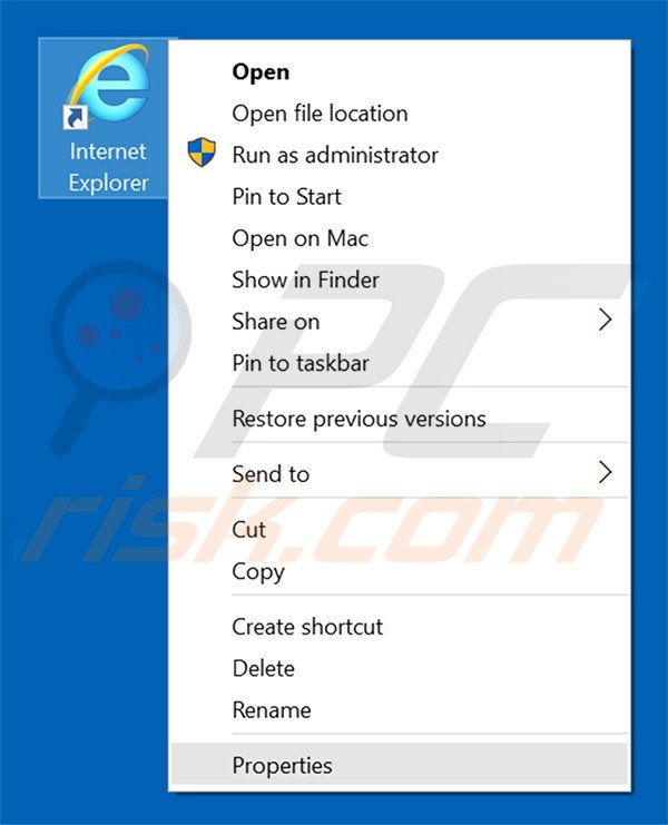 Removing navsmart.info from Internet Explorer shortcut target step 1