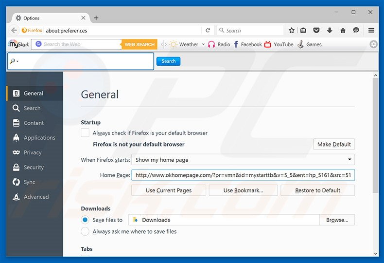 Removing okhomepage.com from Mozilla Firefox homepage