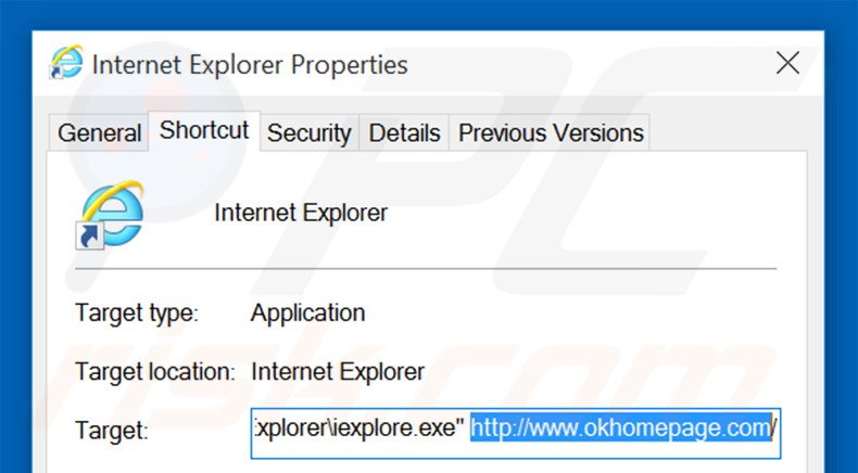 Removing okhomepage.com from Internet Explorer shortcut target step 2