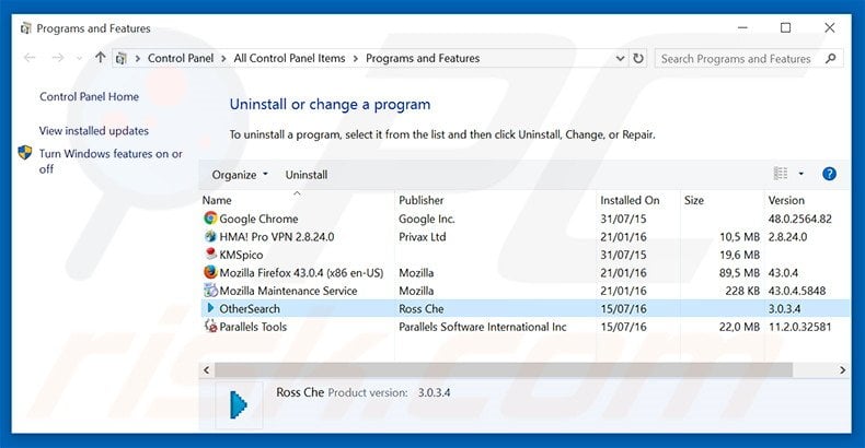 OtherSearch adware uninstall via Control Panel