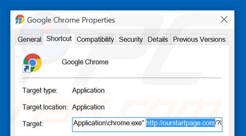 Removing ourstartpage.com from Google Chrome shortcut target step 2