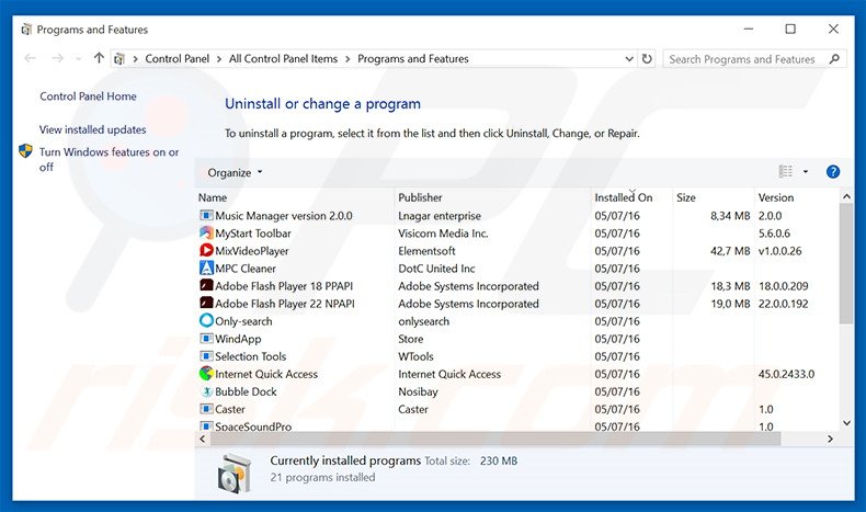 ourstartpage.com browser hijacker uninstall via Control Panel