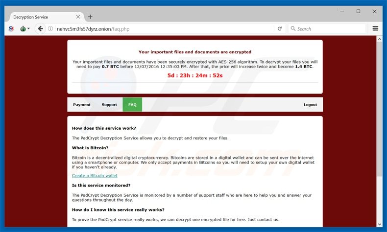 padcrypt ransomware website - faq page