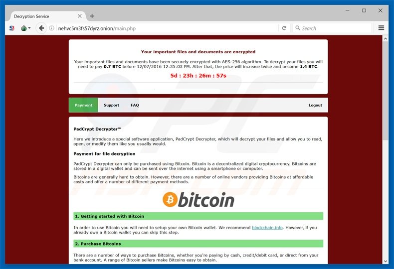 padcrypt ransomware website - payment page