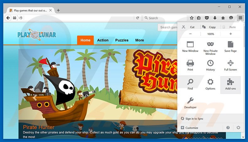Removing PlayLunar ads from Mozilla Firefox step 1