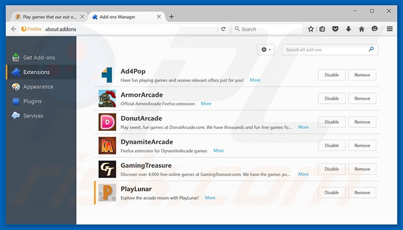 Removing PlayLunar ads from Mozilla Firefox step 2