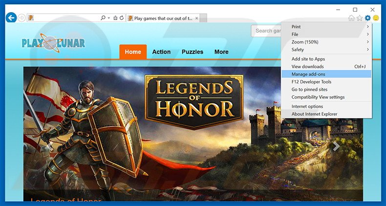 Removing PlayLunar ads from Internet Explorer step 1