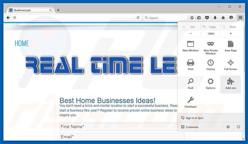 Removing RealTimeLeads ads from Mozilla Firefox step 1