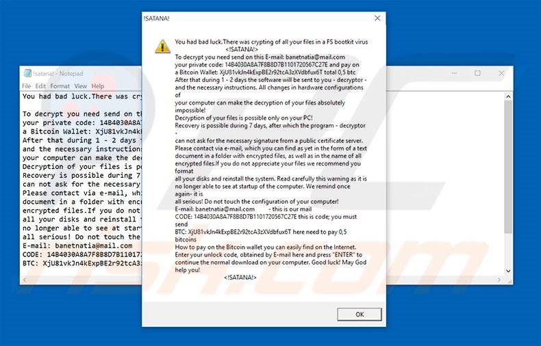 SATANA ransomware ransom note (pop-up)