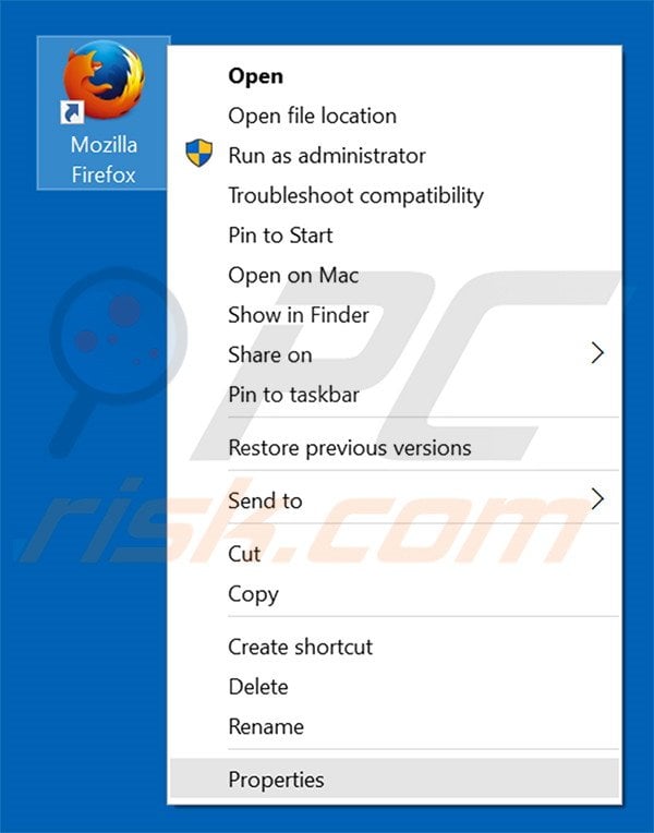 Removing sear4m.xyz from Mozilla Firefox shortcut target step 1